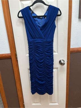 Tadashi Shoji Royal Blue Ruched V-Neck Midi Dress
